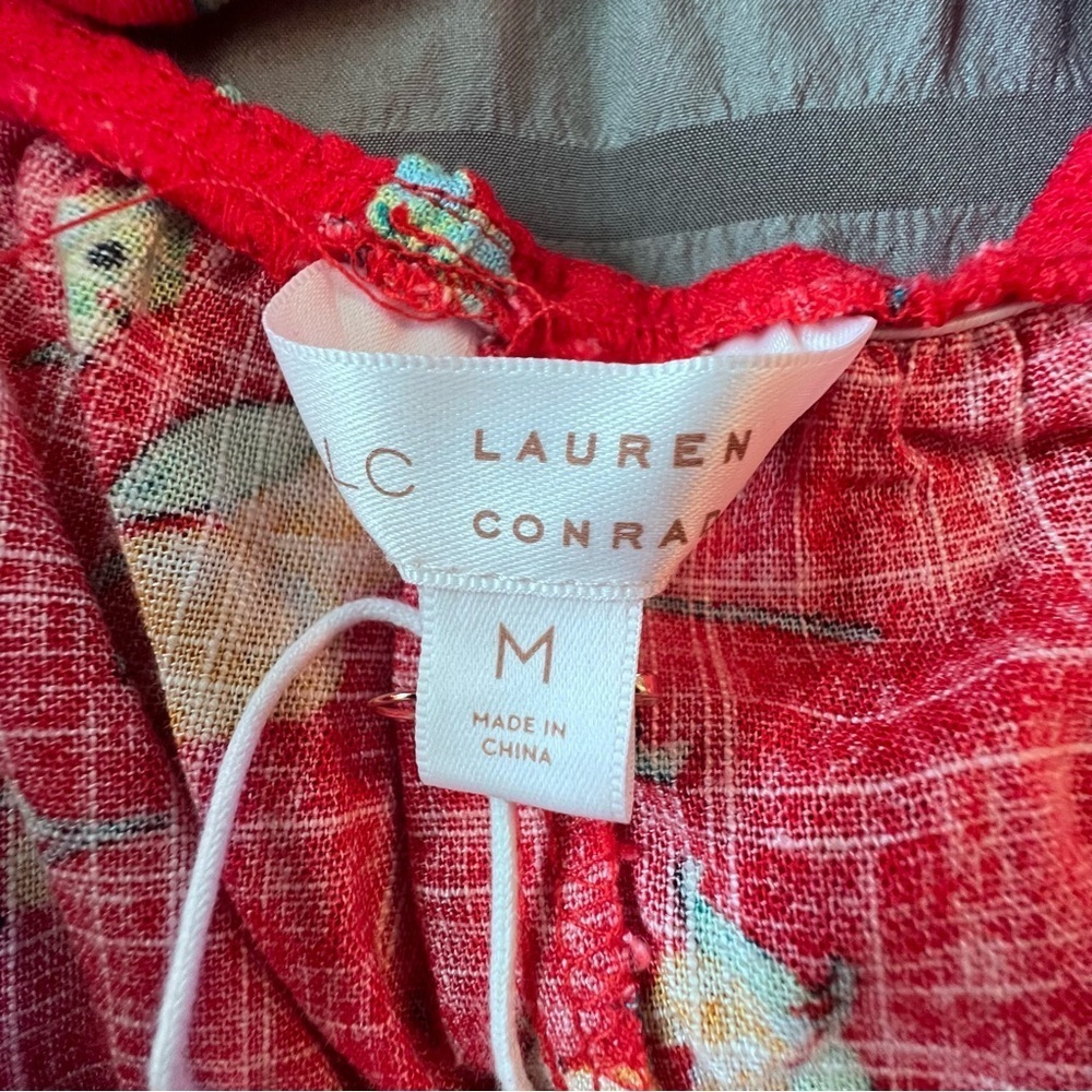 LC Lauren Conrad NWT Ruffle Fit & Flare Apron Linen‎ Dress Red Lemon Orchard M - Picture 10 of 12